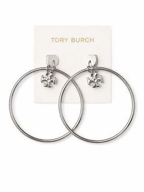 Tory Burch Hoop Earrings Logo Charm Silver Tone Large Hoops NWT